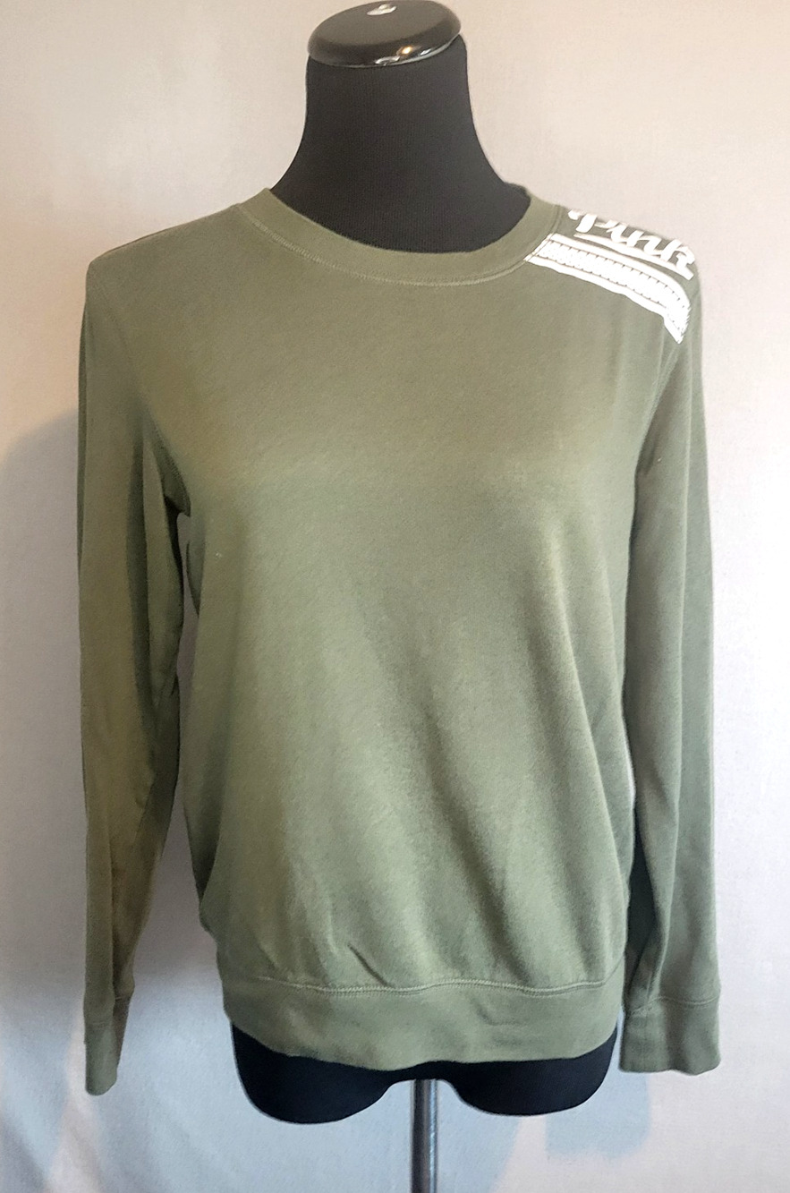 PINK Victoria’s Secret Women’s XS Olive Green Crewneck Pullover Logo Sweatshirt